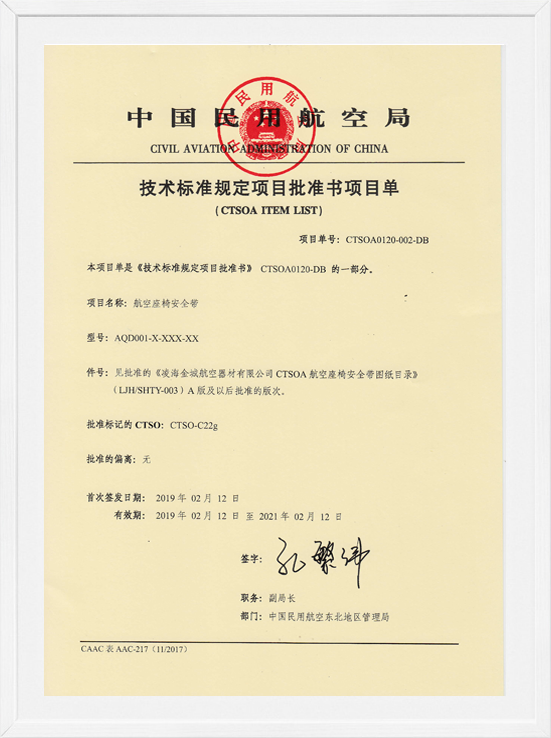 凌海开云电竞CTSOA项目单-航空座椅安全带